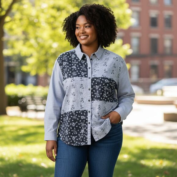 Tap Co. Blue Floral Patchwork Button-Down Shirt | Women's 20 - Picture 1 of 6